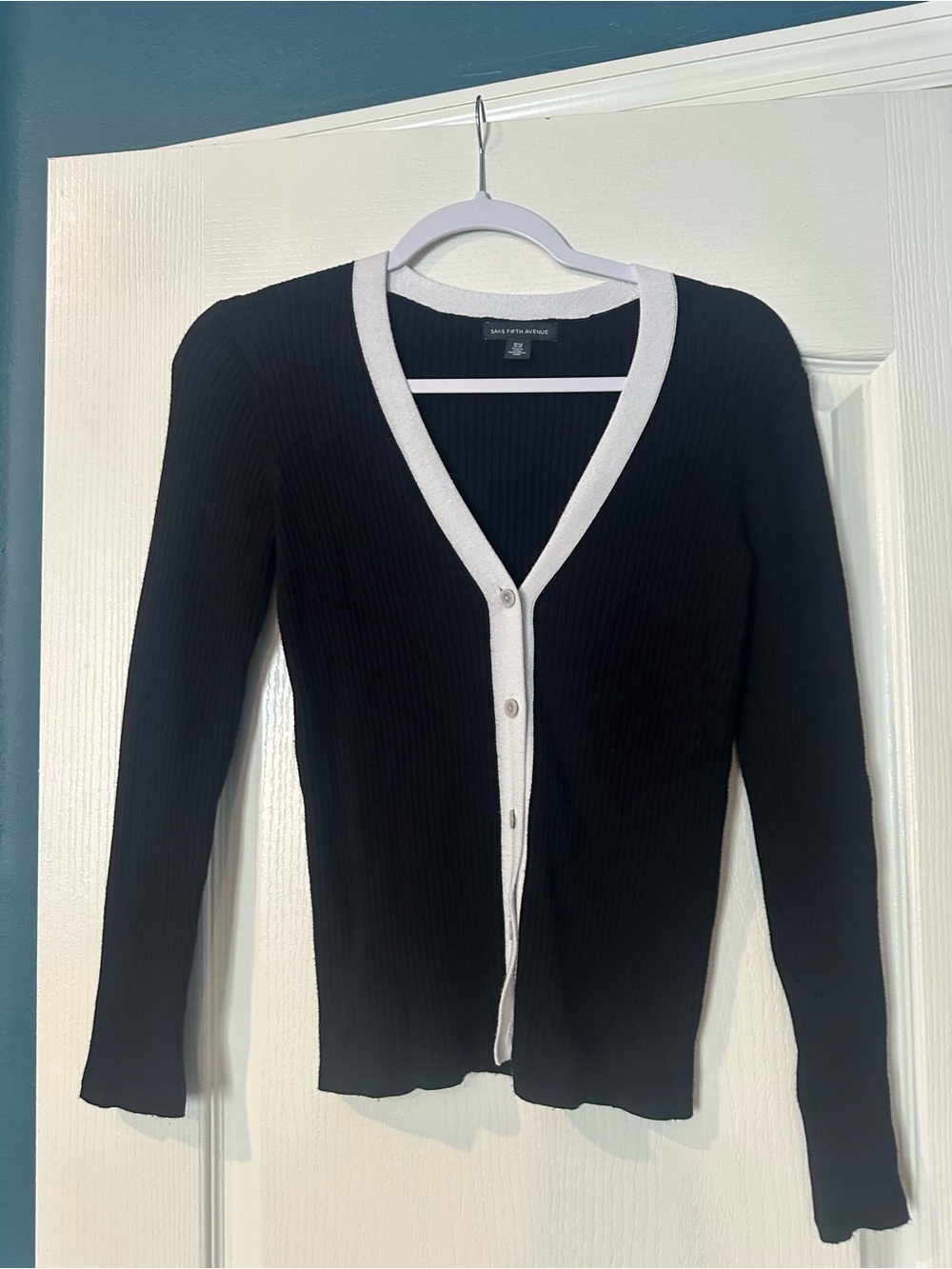 Saks Fifth Avenue Black Ribbed V-Neck Cardigan with White Trim